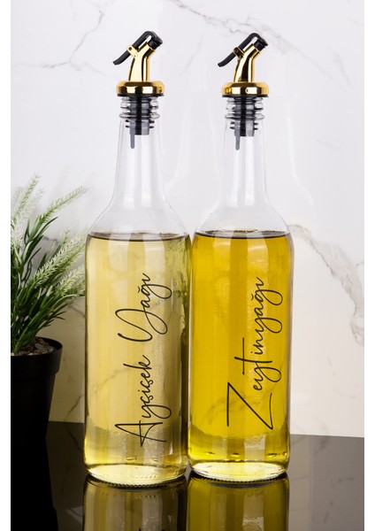 2li 750 ml Ayçiçek Yağı ve Zeytinyağı Etiketli Yağlık Sıvı Yağ Şişesi Gold Tıpa Cam Yağdanlık