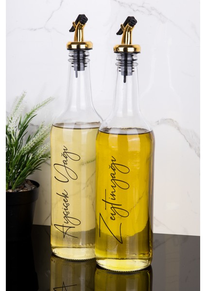 2li 750 ml Ayçiçek Yağı ve Zeytinyağı Etiketli Yağlık Sıvı Yağ Şişesi Gold Tıpa Cam Yağdanlık