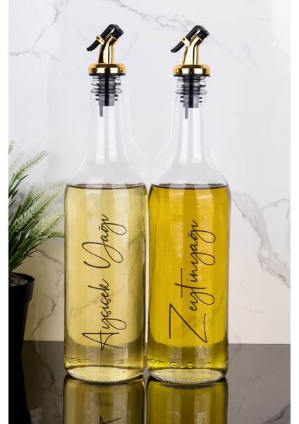 2li 750 ml Ayçiçek Yağı ve Zeytinyağı Etiketli Yağlık Sıvı Yağ Şişesi Gold Tıpa Cam Yağdanlık