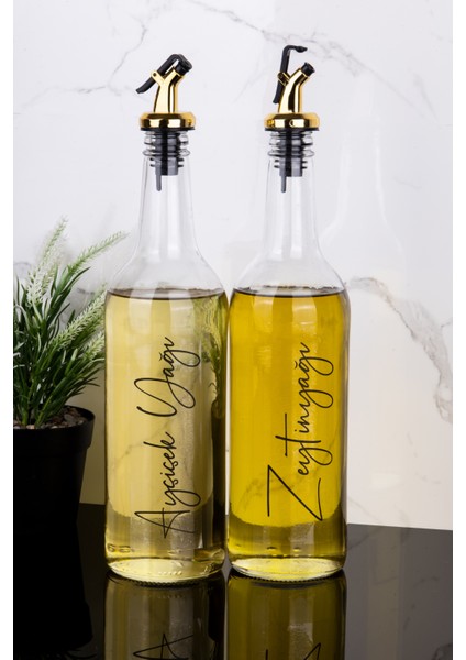 2li 750 ml Ayçiçek Yağı ve Zeytinyağı Etiketli Yağlık Sıvı Yağ Şişesi Gold Tıpa Cam Yağdanlık