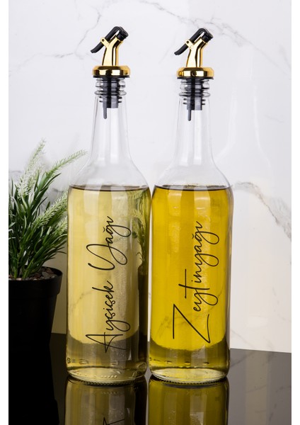 2li 750 ml Ayçiçek Yağı ve Zeytinyağı Etiketli Yağlık Sıvı Yağ Şişesi Gold Tıpa Cam Yağdanlık