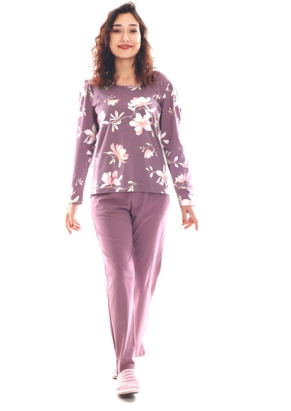Çiçek Desenli Lila Renk Pijama Takımı