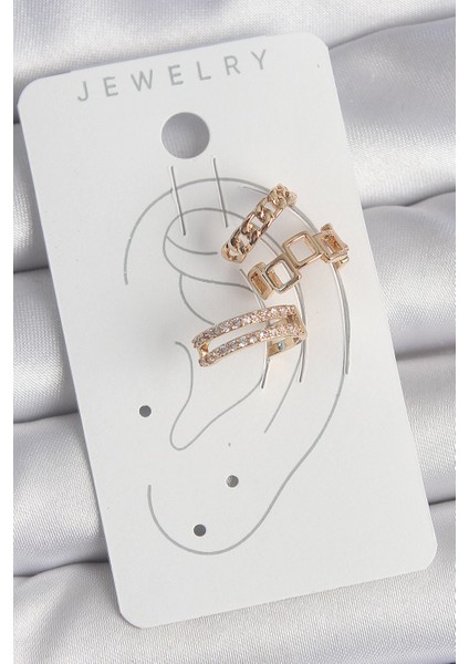 Pirinç Gold Renk Zirkon Taşlı Kare Zincir Model Kadın Kıkırdak Küpe