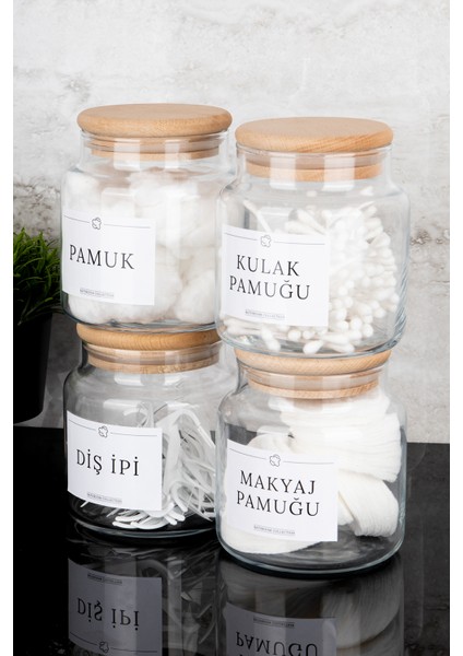 4lü 500ML Ahşap Kapaklı Pamuk Seti Pamuk Kulak Pamuğu Makyaj Pamuğu Diş Ipi Cam Kavanoz Banyo Seti