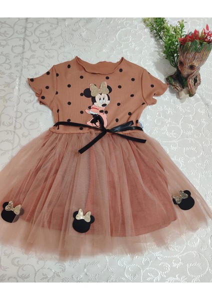 2-3-4 Yaş Puantiyeli Mickey Baskılı Kurdela Kuşaklı Astarlı Kız Bebek Tütü Elbisesi Kahverengi