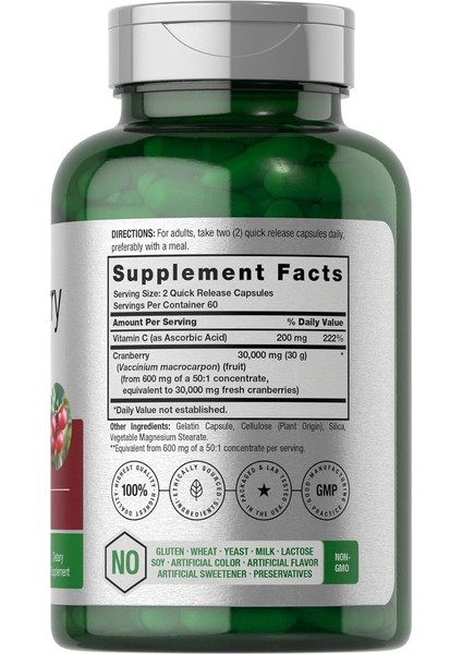 Horbäach Cranberry Concentrate Extract Pills + Vitamin C | 30,000 Mg | 120 Kapsül