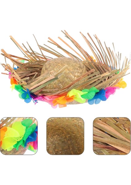 Natural Renkli Püsküllü Örme Hasır Hawaii Şapka
