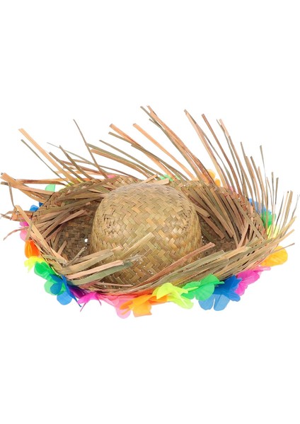 Natural Renkli Püsküllü Örme Hasır Hawaii Şapka