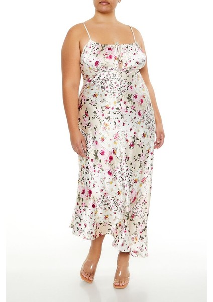Plus Size Çiçek Desenli Maxi Slip Elbise