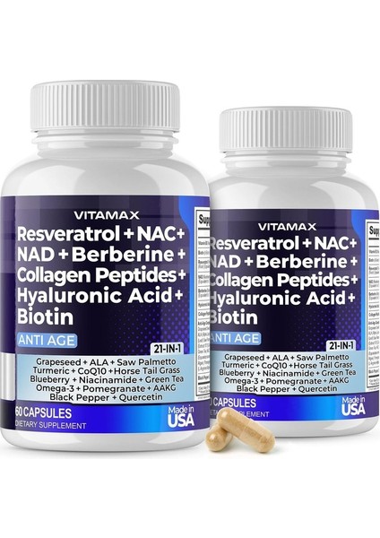 Resveratrol + N.c + Nad + Berberine + Collegen Peptides + Hyaluronic Acid + Biy/otin 21 In 1 - 60 Kapsül - Ithal