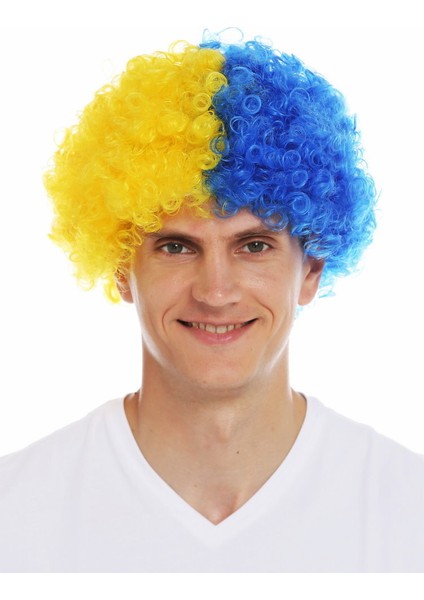 Sarı Lacivert Kıvırcık Afro Bonus Taraftar Peruğu