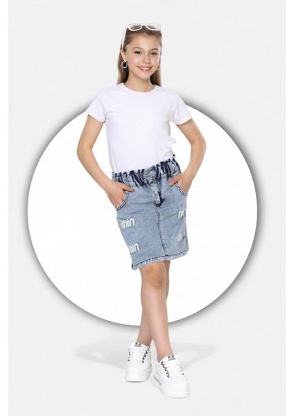 % 100 Pamuk-Yüksek Bel-Taş Yıkamalı-Çift Düğmeli-Mın Yazılı Süzene Nakışlı-Kız Çocuk Kot Etek