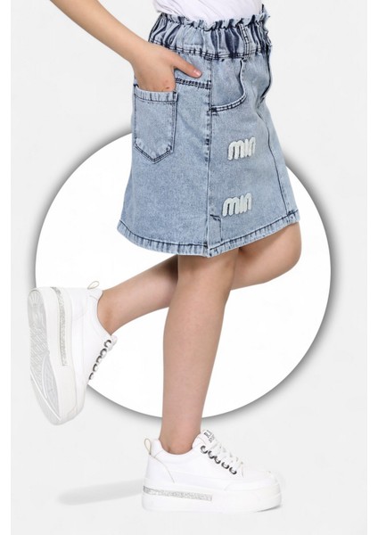 % 100 Pamuk-Yüksek Bel-Taş Yıkamalı-Çift Düğmeli-Mın Yazılı Süzene Nakışlı-Kız Çocuk Kot Etek fiyatları