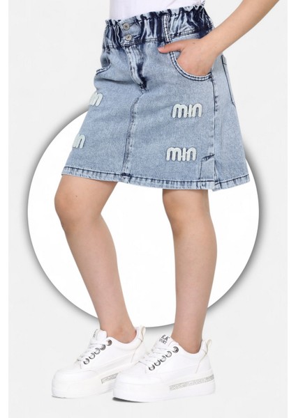 % 100 Pamuk-Yüksek Bel-Taş Yıkamalı-Çift Düğmeli-Mın Yazılı Süzene Nakışlı-Kız Çocuk Kot Etek modelleri