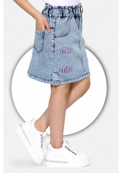 % 100 Pamuk-Yüksek Bel-Taş Yıkamalı-Çift Düğmeli-Mın Yazılı Süzene Nakışlı-Kız Çocuk Kot Etek fiyatları