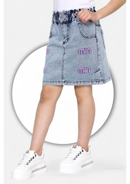 % 100 Pamuk-Yüksek Bel-Taş Yıkamalı-Çift Düğmeli-Mın Yazılı Süzene Nakışlı-Kız Çocuk Kot Etek modelleri