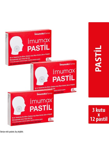 Imuneks Farma Imumax Pastil Ballı Kara Mürver Meyve Ekstraktı, Çinko ve Probiyotik Içeren Takviye Edici Gıda 12 Pastil x 3 Adet