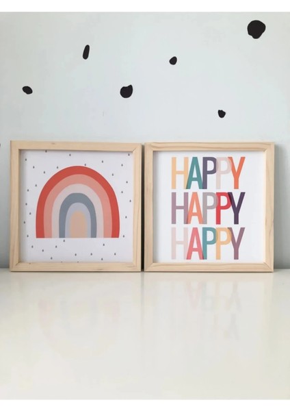 Doğal Ahşap Kenarlı Happy Gökkuşağı Duvar Dekoru Salon Oturma Yatak Çocuk Odası Için Tablo Seti