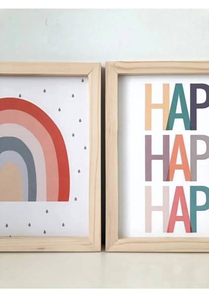 Doğal Ahşap Kenarlı Happy Gökkuşağı Duvar Dekoru Salon Oturma Yatak Çocuk Odası Için Tablo Seti