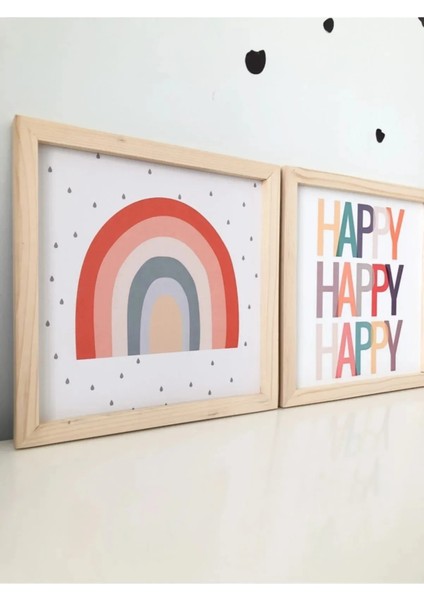 Doğal Ahşap Kenarlı Happy Gökkuşağı Duvar Dekoru Salon Oturma Yatak Çocuk Odası Için Tablo Seti