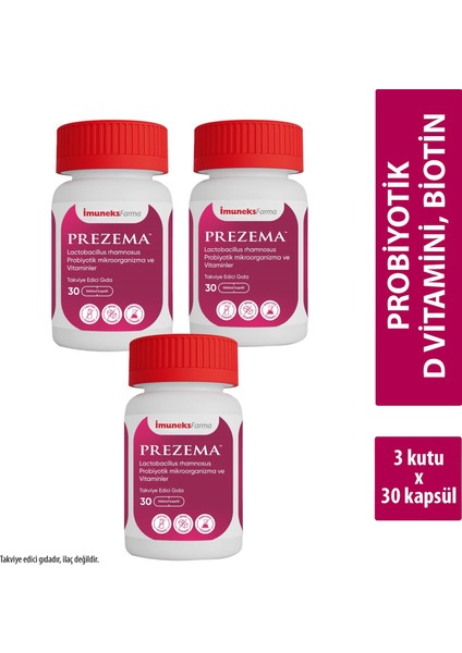 Imuneks Farma Prezema™ Lactobacillus Rhamnosus Probiyotik Mikroorganizma ve Vitaminler Içeren Takviye Edici Gıda 30 Kapsül x 3 Adet