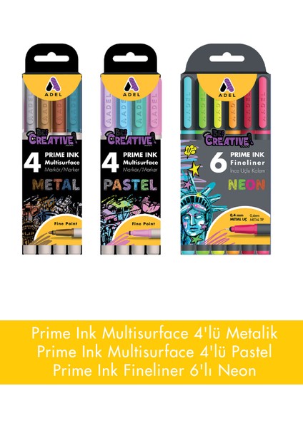 Prime Ink Fineliner- Multisurface Kalem Seti,4'lü Metalik,4'lü Pastel, 6'lı Neon