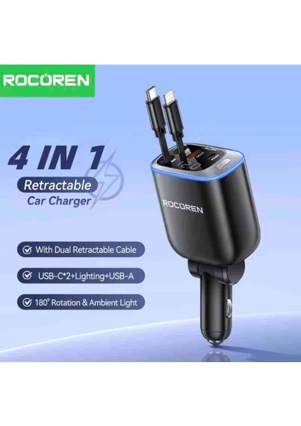 72W 4'ü 1'Arada Geri Çekilebilir Kablolu Type-C+İphone Lightning+Usb Araç Şarj Cihazı Hızlı CE+Rohs Lisanslı Orjinal Sağlam