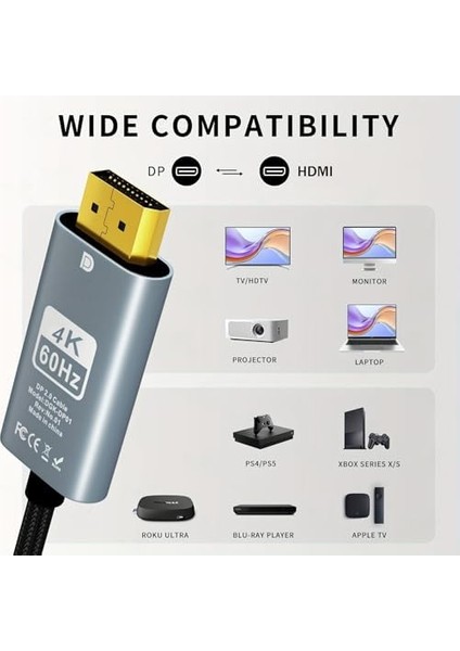Dp To HDMI Kablo, 4K 60Hz 200CM Yüksek Hızlı, Displayport Kablo 2 Metre Kablo Uzunluğu Displayport To HDMI Kablo 200CM ZR890