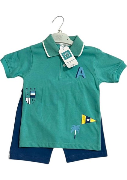 Mini Baby Erkek Bebek Polo Yaka Baskılı Tişört ve Pamuklu Şort 2li Takım