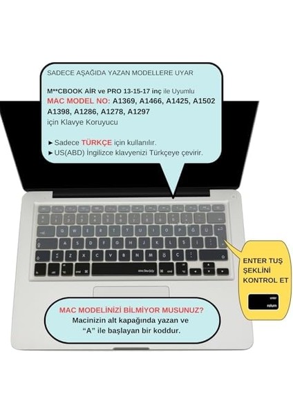 Macbook Air Pro Klavye Koruyucu (Us To Tr) Ombre (Eski USB Li Model 2008/2017 Yılı) ile Uyumlu Siyah Gri