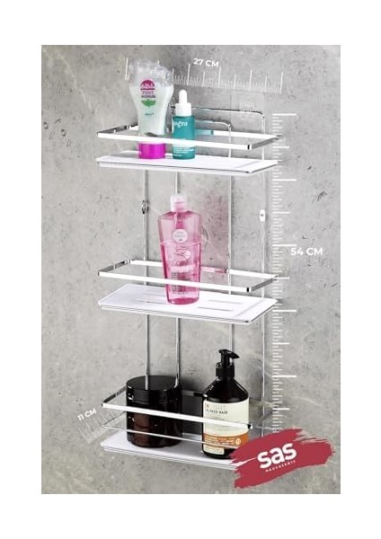 Haus Yapışkanlı Ömür Boyu Paslanmaz Kristal Ayarlanabilir Raf Banyo Düzenleyici Şampuanlık Krom Lş-03