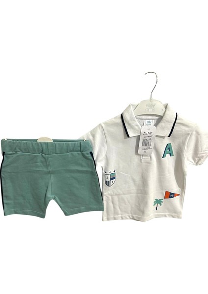 Mini Baby Erkek Bebek Polo Yaka Baskılı Tişört ve Pamuklu Şort 2li Takım