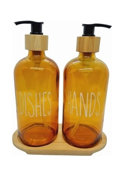 500ML Amber Cam Sıvı Sabunluk Seti, Bulaşık ve El Sabunu Için, Bambu Tepsili