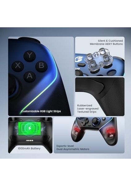 Super Nova Wireless Gaming Controller For Pc/switch/ios/android, Hall Effect Stick & Trigger, Rubberized Grips, Rgb Lighting, Swappable Abxy, Detachable Faceplate, 1000MAH With Charging Dock