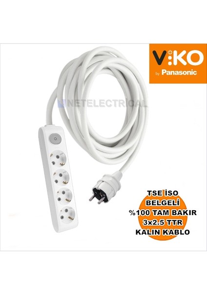 Multi-Let | Dörtlü 22 Metre Anahtarlı Topraklı - Çocuk Korumalı Grup Priz - 4'lü, 22 M, (3x2.5 Ttr Tam Bakır Kalın Kablolu)