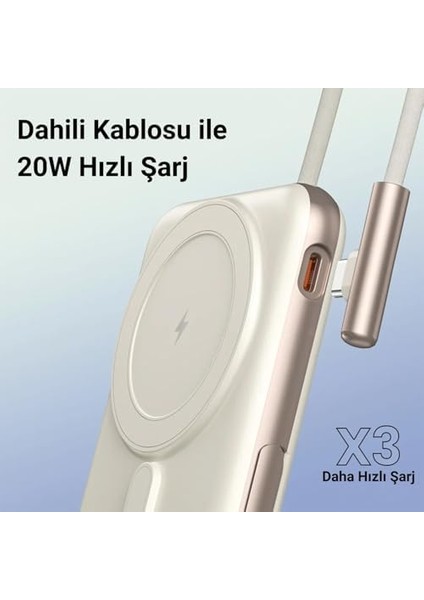 Magsafe Powerbank 10000MAH Standlı 20W Dahili Type-C Kablolu Taşınabilir Hızlı Şarj Cihazı Beyaz