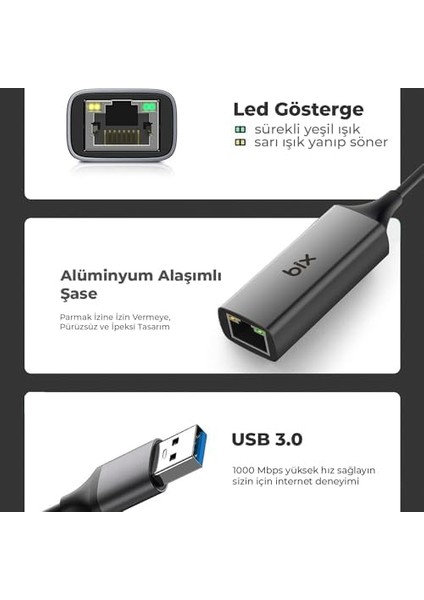 Adp-08 Premium USB 3.0 To 10/100/1000 Mbps RJ45 Ethernet Dönüştürücü Adaptör