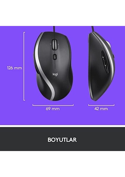 M500S Gelişmiş USB Kablolu Mouse, 4000 Dpı, Yüksek Hızlı Hassas Kaydırma, 7 Özelleştirilebilir Tuş, Sağ Elle Kullanıma Uygun, Siyah