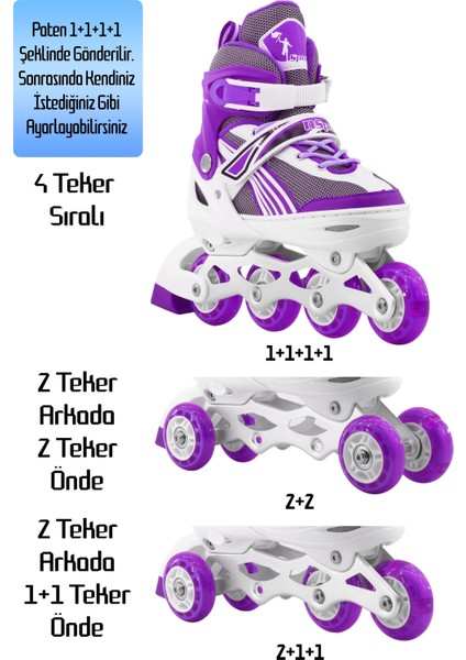 Metal Taban Paten Işıklı Ayarlanabilir Tekerli ve Bedenli Alıştırma Çocuk Genç Pateni Mor 8780 modelleri