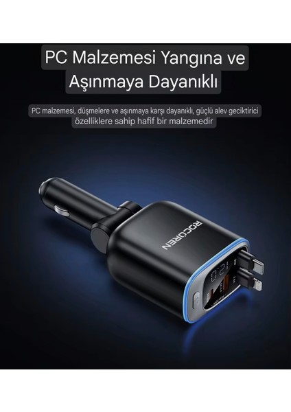 72W 4'ü 1'Arada Geri Çekilebilir Kablolu Type-C+İphone Lightning+Usb Araç Şarj Cihazı Hızlı CE+Rohs Lisanslı Orjinal Sağlam modelleri