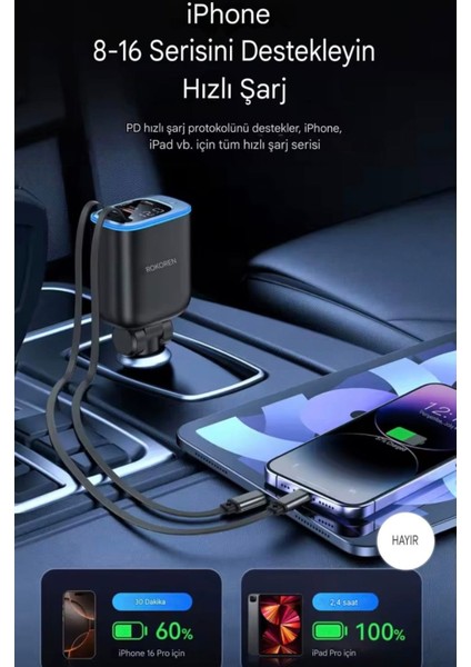 72W 4'ü 1'Arada Geri Çekilebilir Kablolu Type-C+İphone Lightning+Usb Araç Şarj Cihazı Hızlı CE+Rohs Lisanslı Orjinal Sağlam