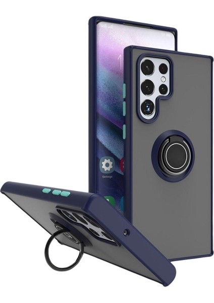 Samsung Galaxy S24 Ultra Uyumlu Kılıf Yüzüklü Standlı Extra Darbe Koruma Sert Silikon Kapak - Lacivert