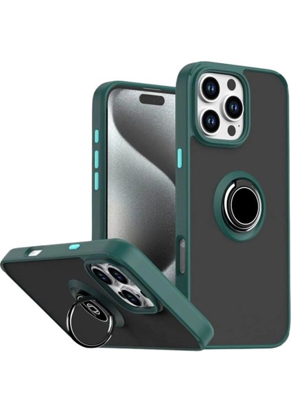 Apple iPhone 13 Pro Uyumlu Kılıf Yüzüklü Standlı Extra Darbe Koruma Sert Silikon Kapak - Yeşil