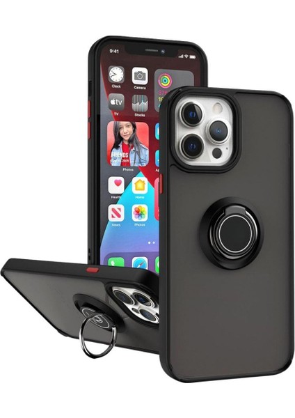 Apple iPhone 12 Pro Max Uyumlu Kılıf Yüzüklü Standlı Extra Darbe Koruma Sert Silikon Kapak - Siyah