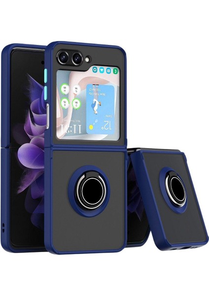 Samsung Galaxy Z Flip 5 Uyumlu Kılıf Yüzüklü Standlı Extra Darbe Koruma Sert Silikon Kapak - Lacivert