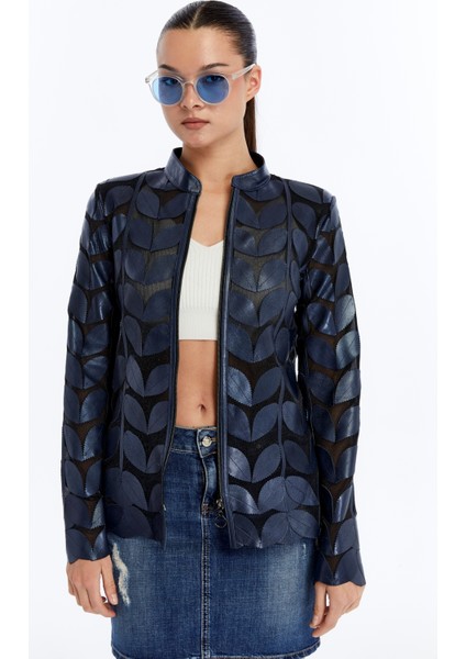 Kadın Yaprak Desen Hakiki Deri Ceket