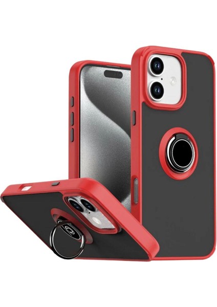 Apple iPhone 16 Plus Uyumlu Kılıf Yüzüklü Standlı Extra Darbe Koruma Sert Silikon Kapak - Kırmızı
