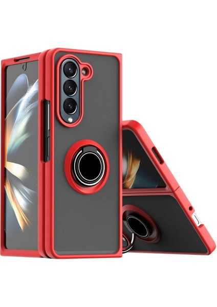 Samsung Galaxy Z Fold 5 Uyumlu Kılıf Yüzüklü Standlı Extra Darbe Koruma Sert Silikon Kapak - Kırmızı