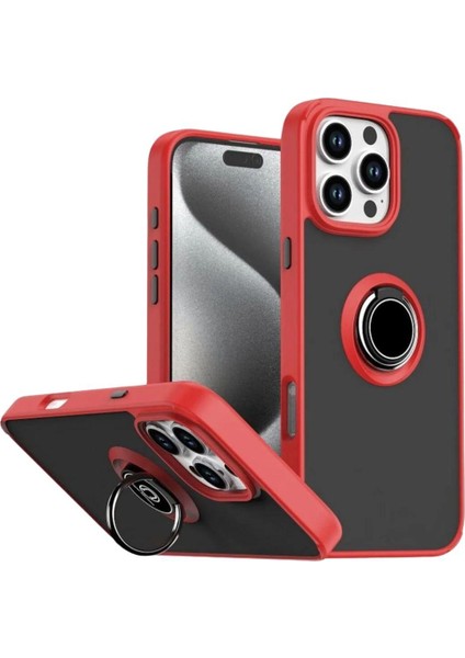 Apple iPhone 13 Pro Max Uyumlu Kılıf Yüzüklü Standlı Extra Darbe Koruma Sert Silikon Kapak - Kırmızı