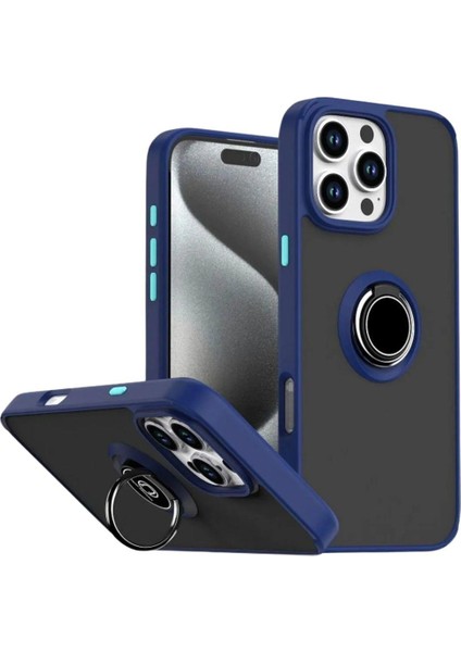 Apple iPhone 15 Pro Uyumlu Kılıf Yüzüklü Standlı Extra Darbe Koruma Sert Silikon Kapak - Lacivert